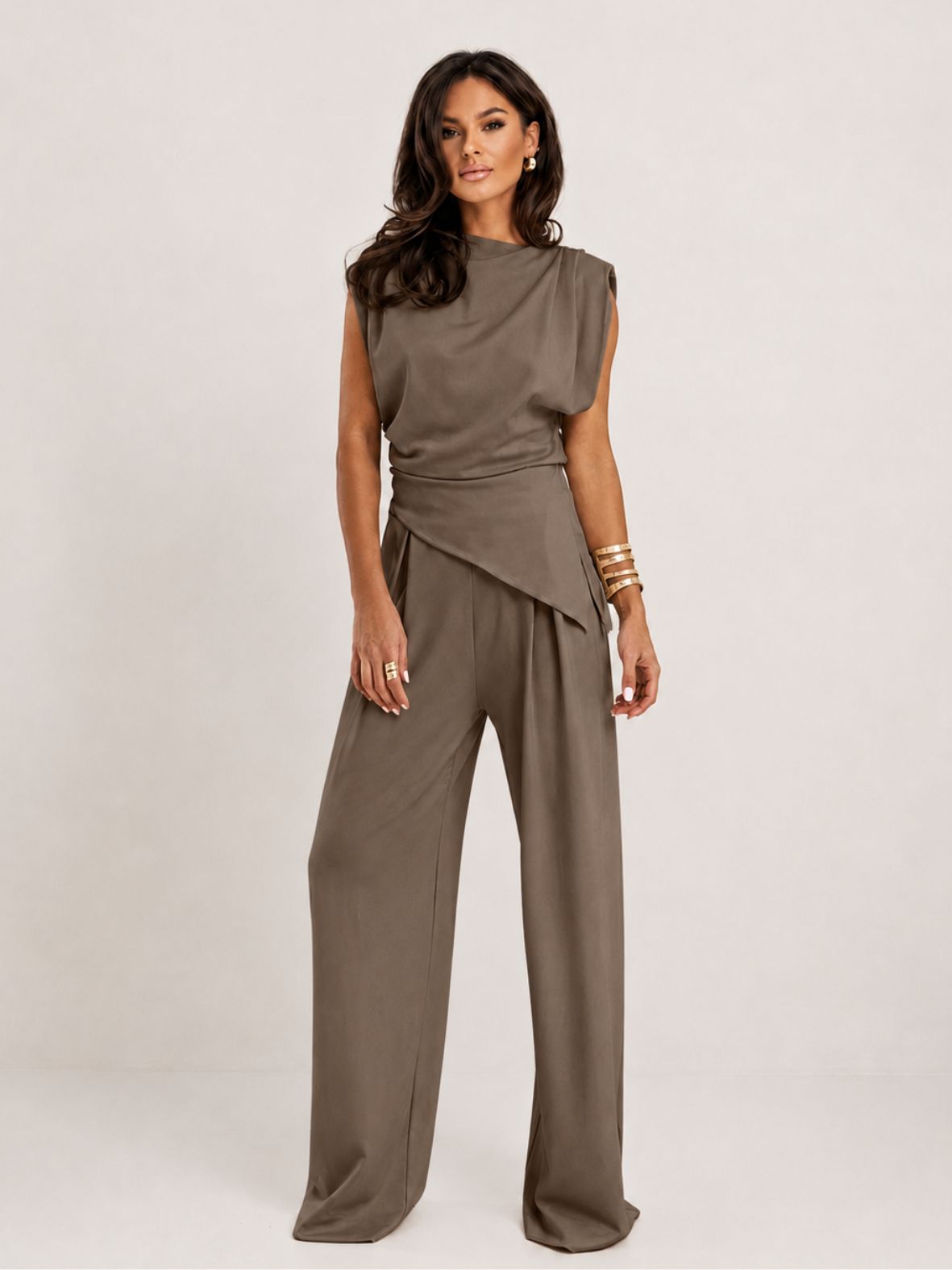 Dames Set met Gedrapeerde Top en Wijde Pantalon