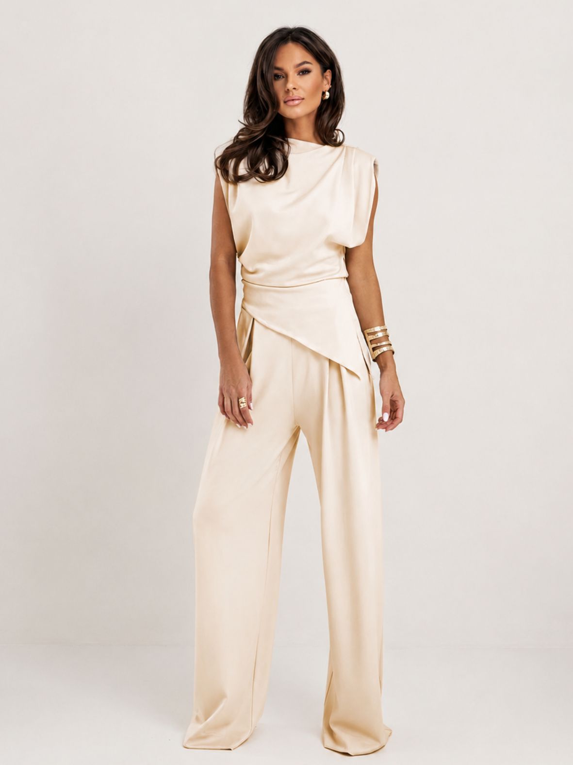 Dames Set met Gedrapeerde Top en Wijde Pantalon