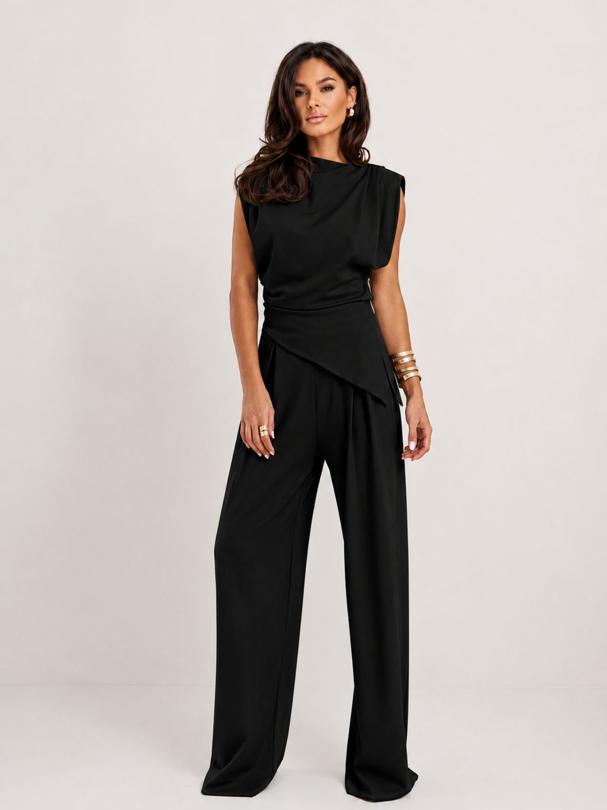 Dames Set met Gedrapeerde Top en Wijde Pantalon