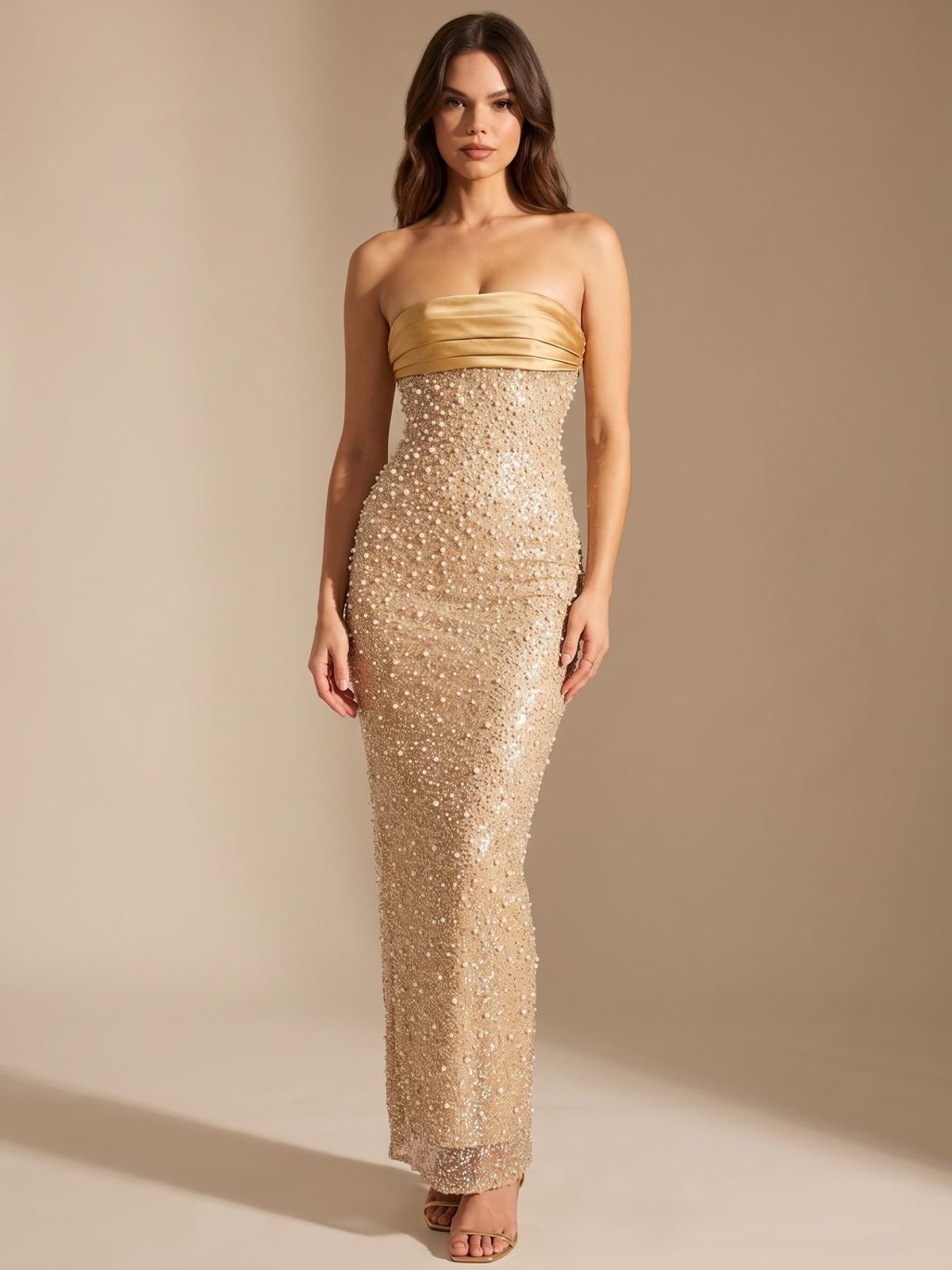 Dames Strapless Maxi Jurk met Pailletten en Parels