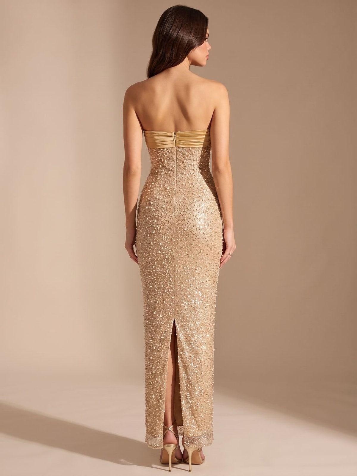 Dames Strapless Maxi Jurk met Pailletten en Parels