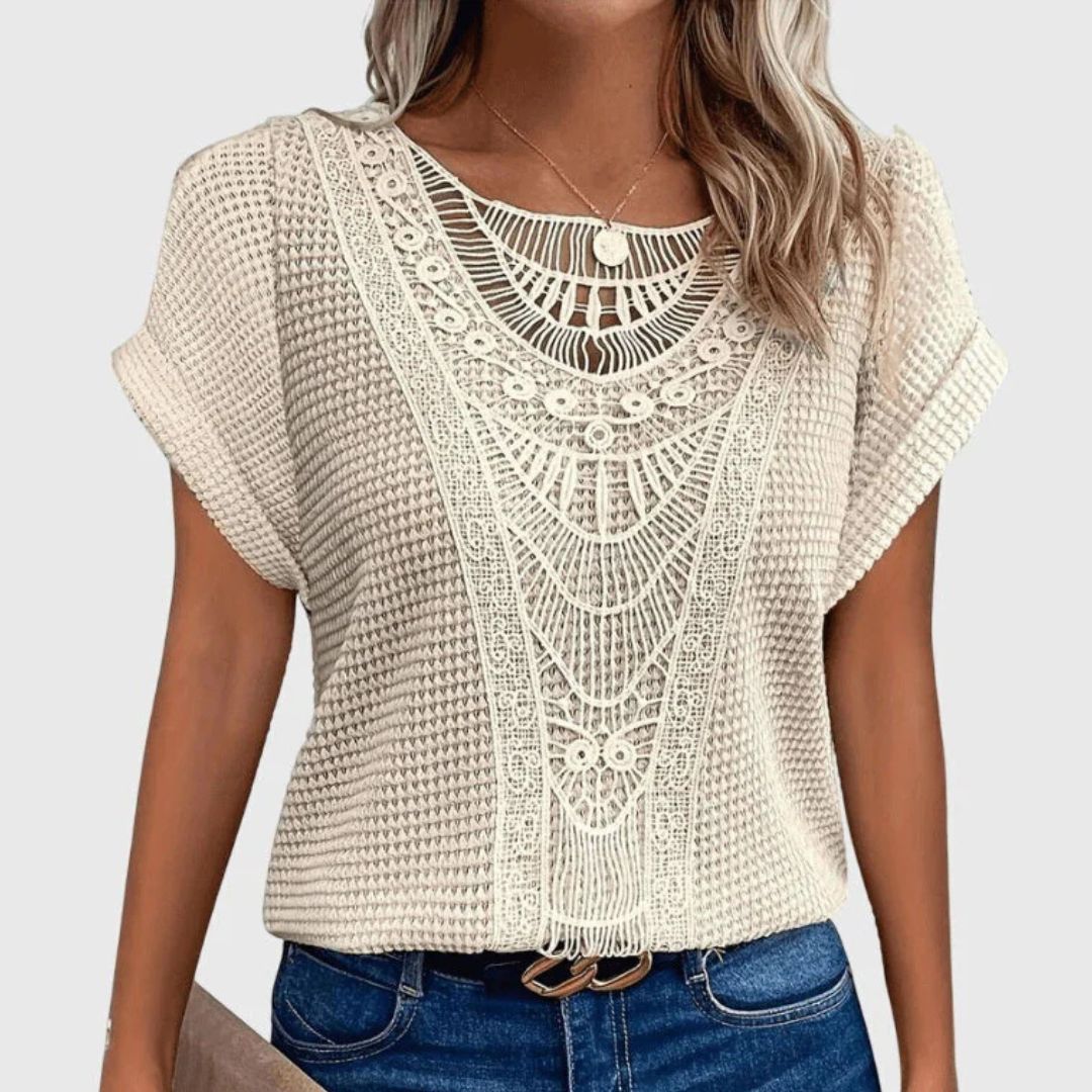 Dames T-shirt met Kanten Detail en Korte Mouwen