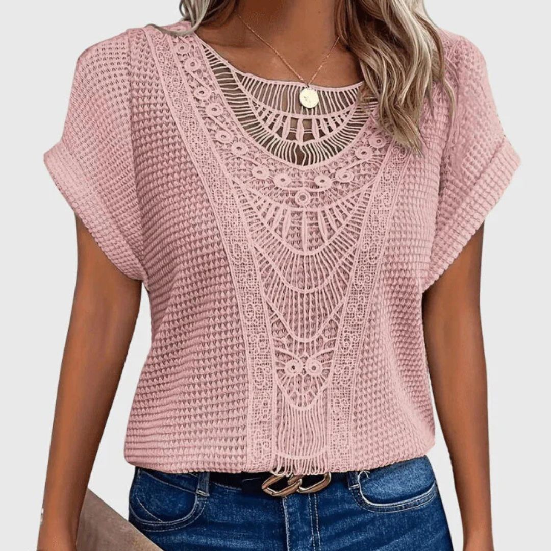 Dames T-shirt met Kanten Detail en Korte Mouwen