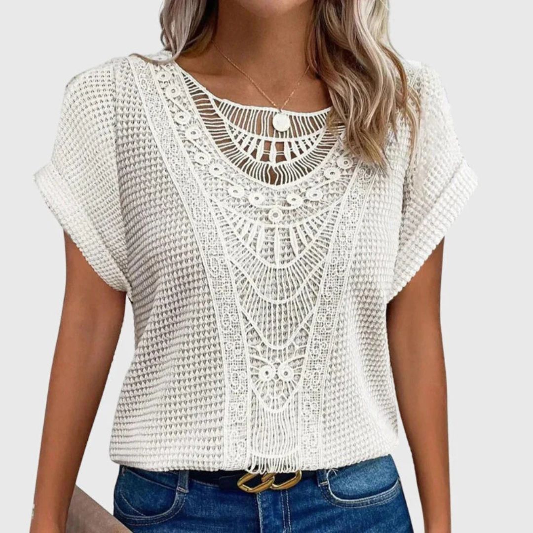 Dames T-shirt met Kanten Detail en Korte Mouwen