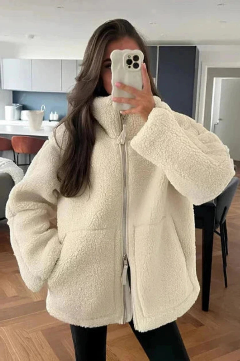 Dames Teddy Fleece Jas met Ritssluiting en Hoge Kraag