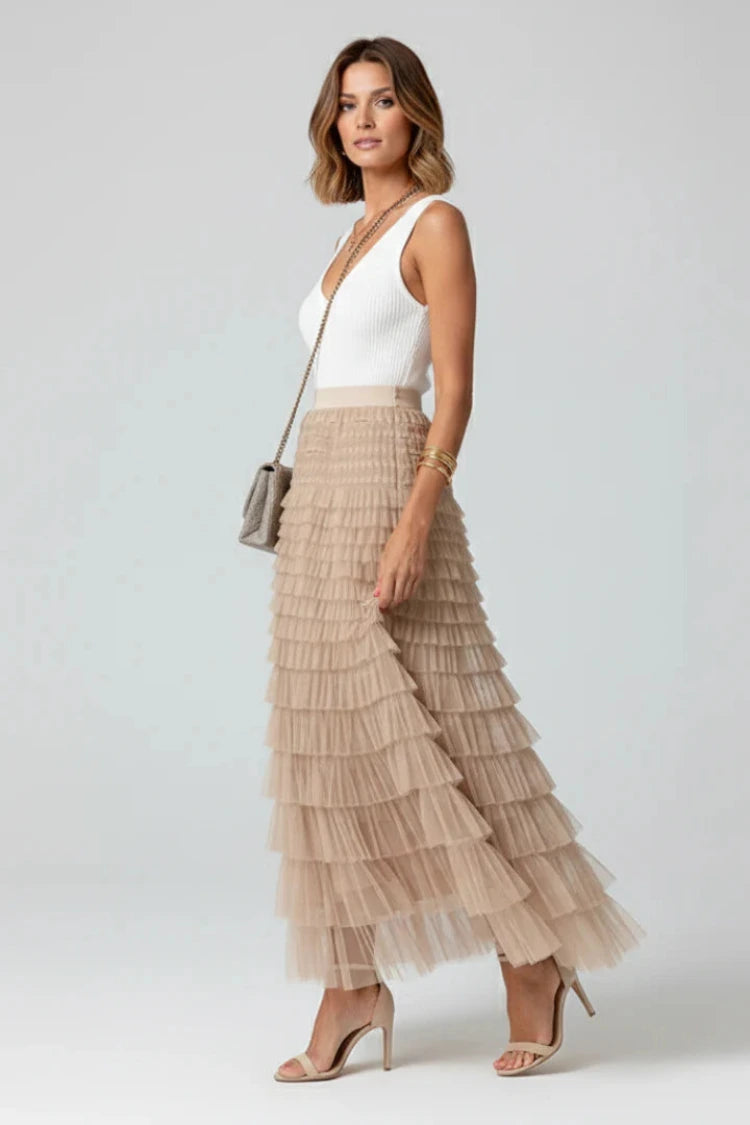 Dames Tule Maxi Rok met Elastische Taille en Lagen