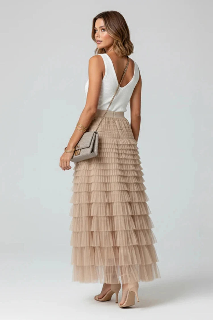 Dames Tule Maxi Rok met Elastische Taille en Lagen