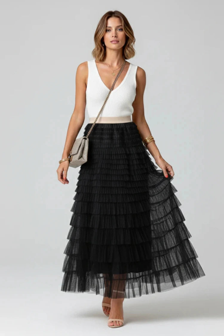 Dames Tule Maxi Rok met Elastische Taille en Lagen
