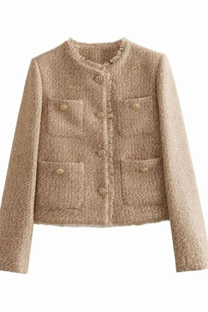 Dames Tweed Blazer met Gouden Knopen en Ronde Hals
