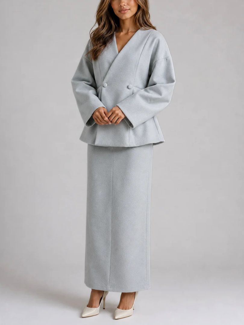 Dames Tweedelig Set met Peplum Blazer en Maxi Kokerrok