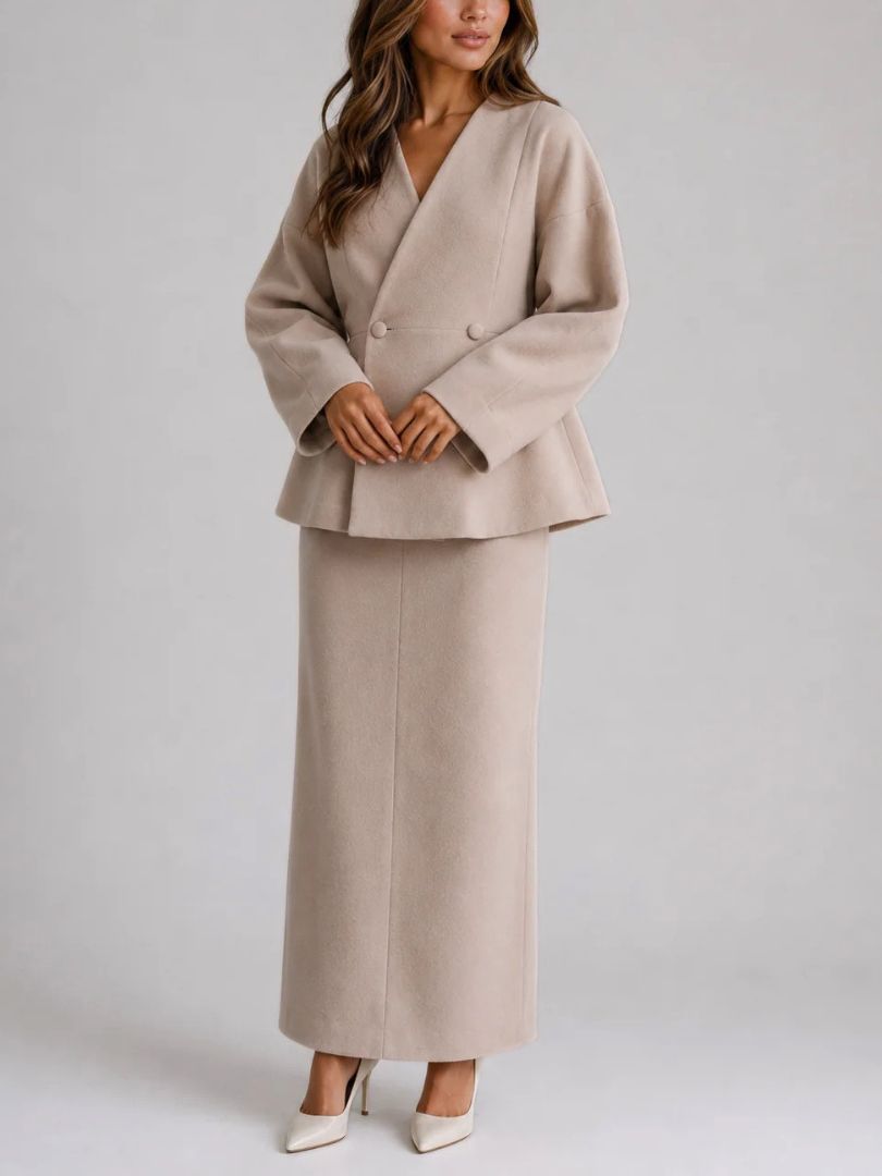 Dames Tweedelig Set met Peplum Blazer en Maxi Kokerrok
