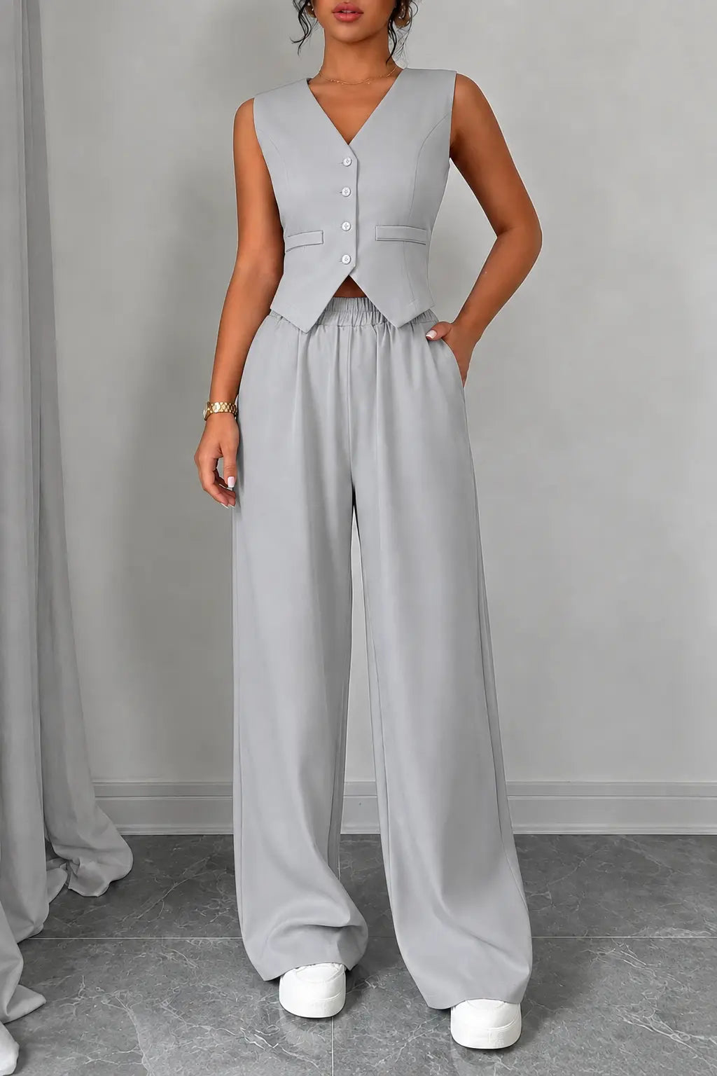 Dames Tweedelige Set met Gilet en Wijde Broek