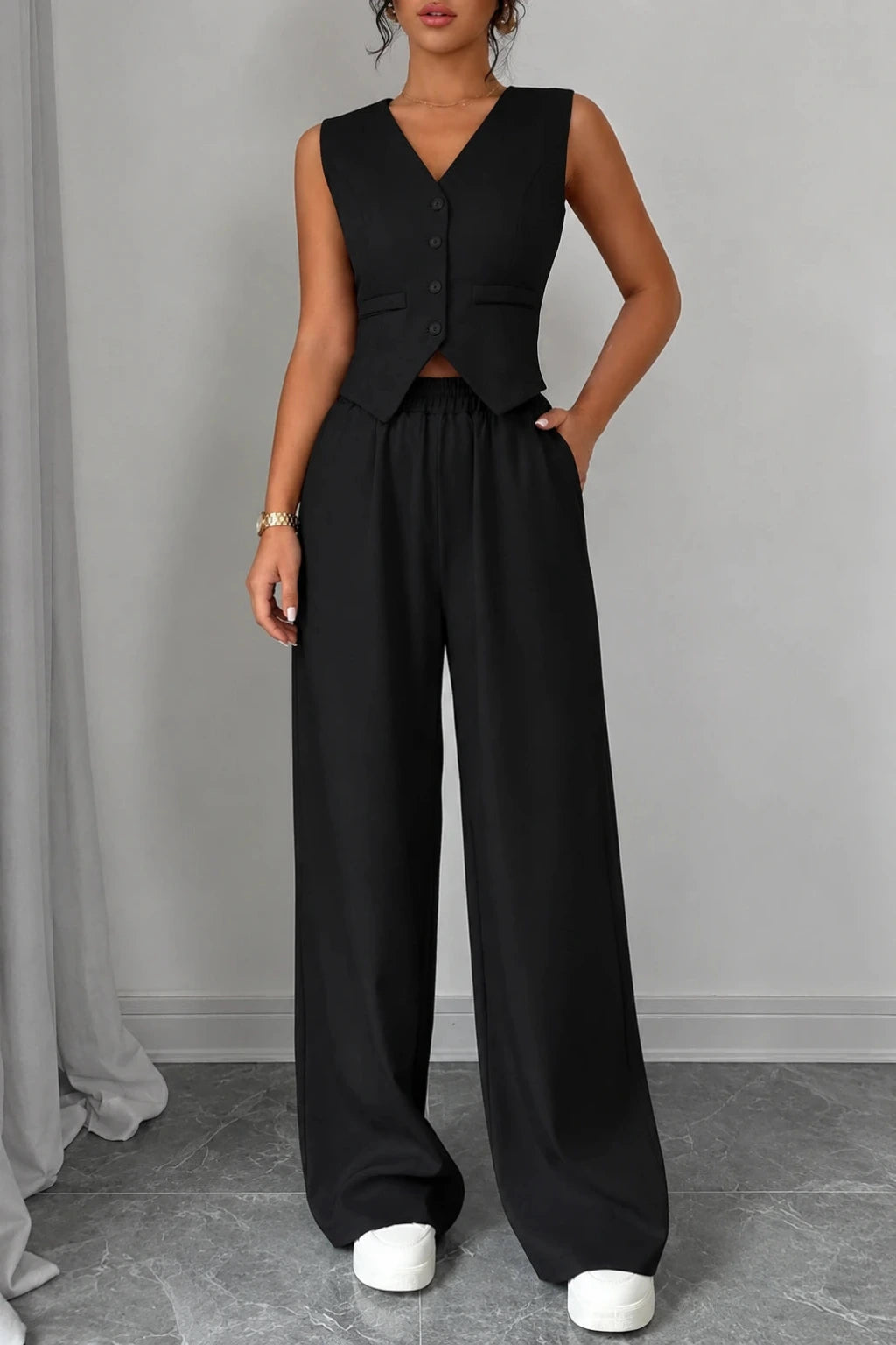 Dames Tweedelige Set met Gilet en Wijde Broek