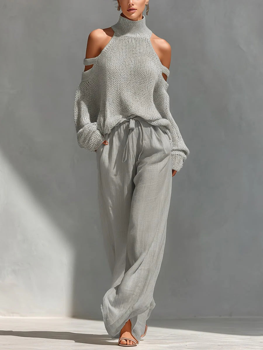 Dames Tweedelige Set met Off Shoulder Trui en Wijde Broek