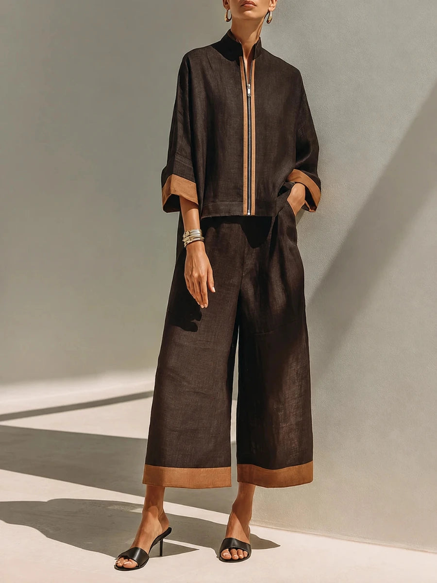 Dames Tweedelige Set met Opstaande Kraag en Cropped Wijde Broek