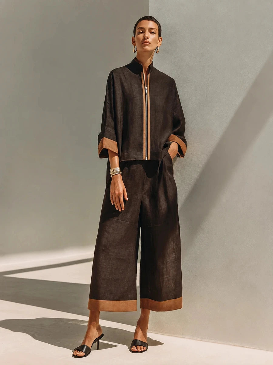 Dames Tweedelige Set met Opstaande Kraag en Cropped Wijde Broek