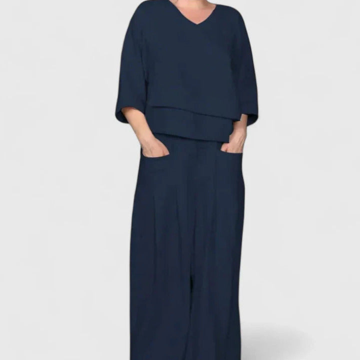 Dames Tweedelige Set met V-hals Top en Broek met Wijde Pijpen