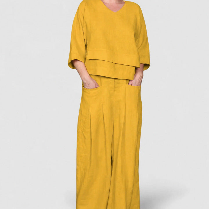 Dames Tweedelige Set met V-hals Top en Broek met Wijde Pijpen