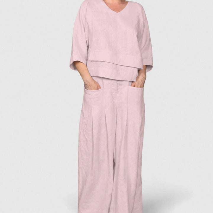Dames Tweedelige Set met V-hals Top en Broek met Wijde Pijpen
