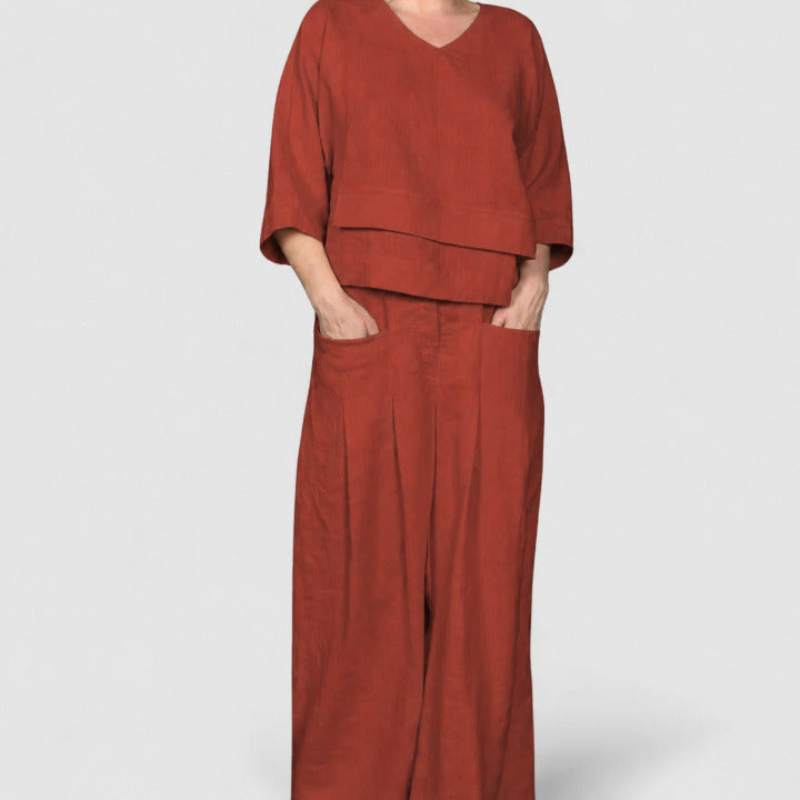 Dames Tweedelige Set met V-hals Top en Broek met Wijde Pijpen