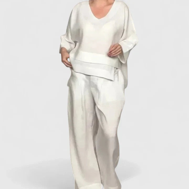 Dames Tweedelige Set met V-hals Top en Broek met Wijde Pijpen