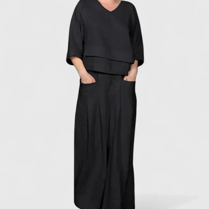 Dames Tweedelige Set met V-hals Top en Broek met Wijde Pijpen