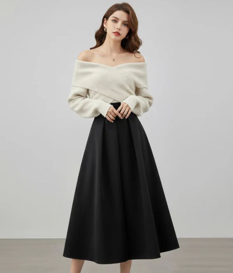 Dames Tweedelige Winterset met Overslagtrui en A-Lijn Rok