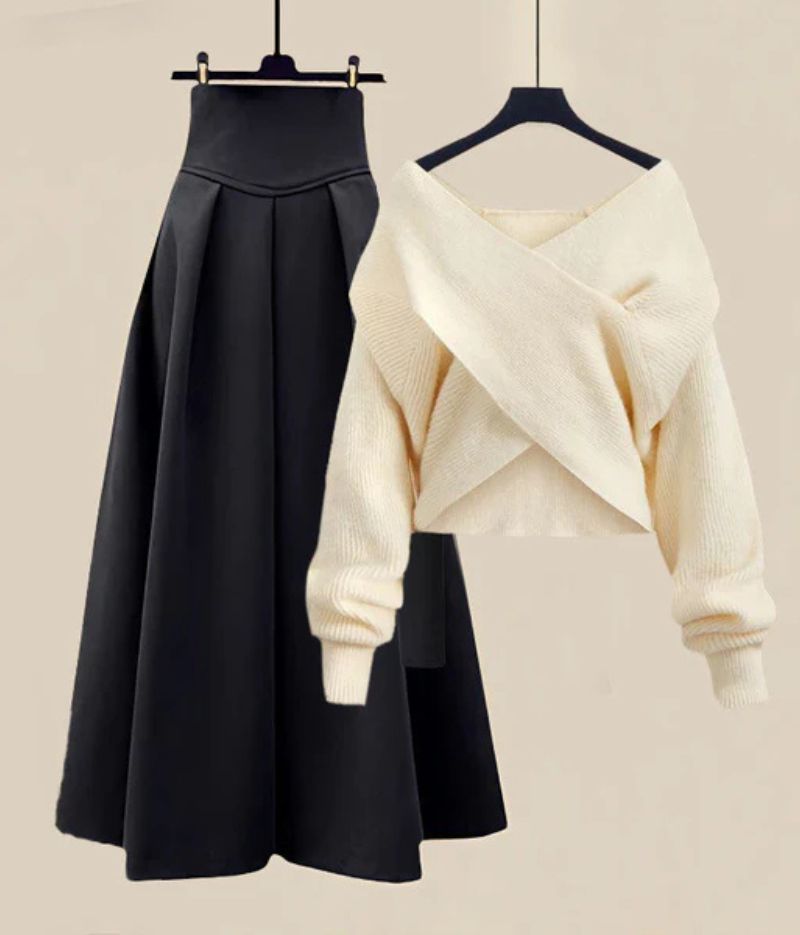 Dames Tweedelige Winterset met Overslagtrui en A-Lijn Rok