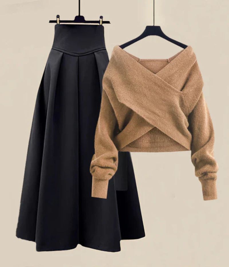 Dames Tweedelige Winterset met Overslagtrui en A-Lijn Rok
