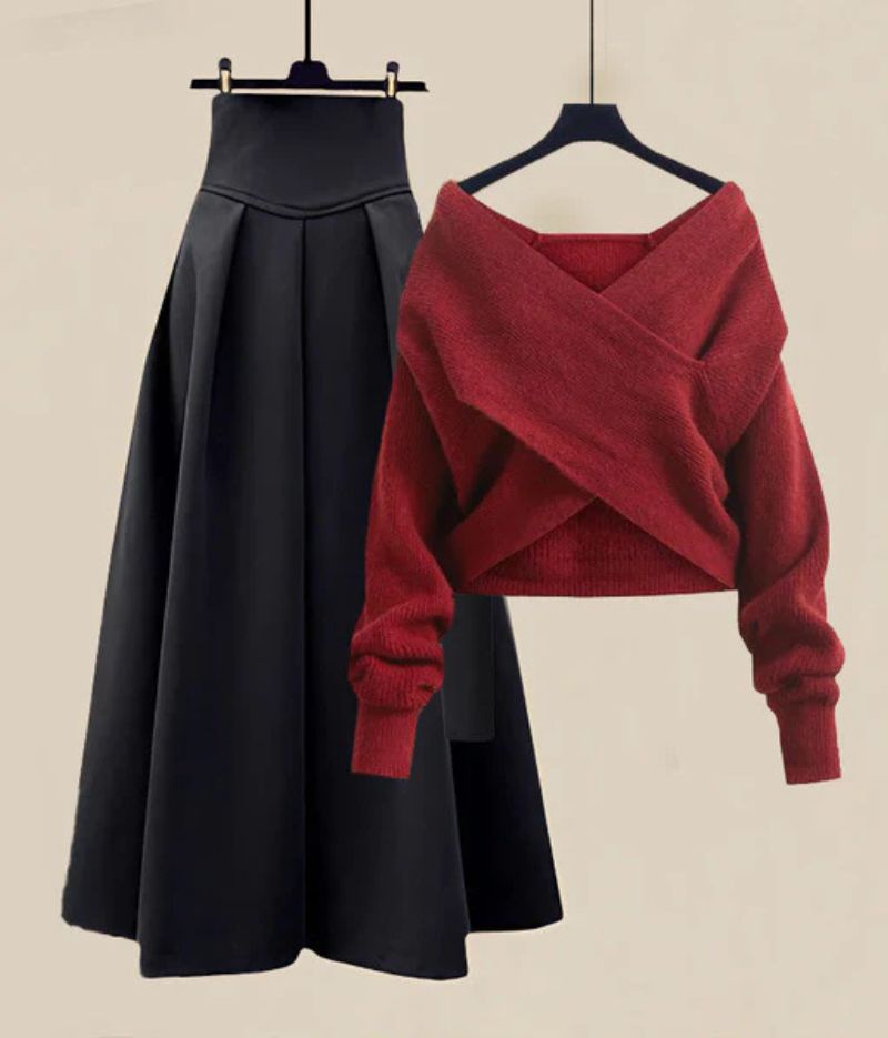 Dames Tweedelige Winterset met Overslagtrui en A-Lijn Rok