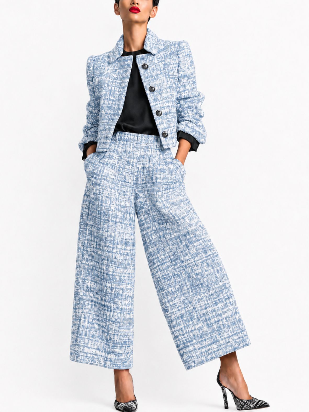 Dames Tweedstructuur Blazerset met Cropped Blazer en Wijde Broek