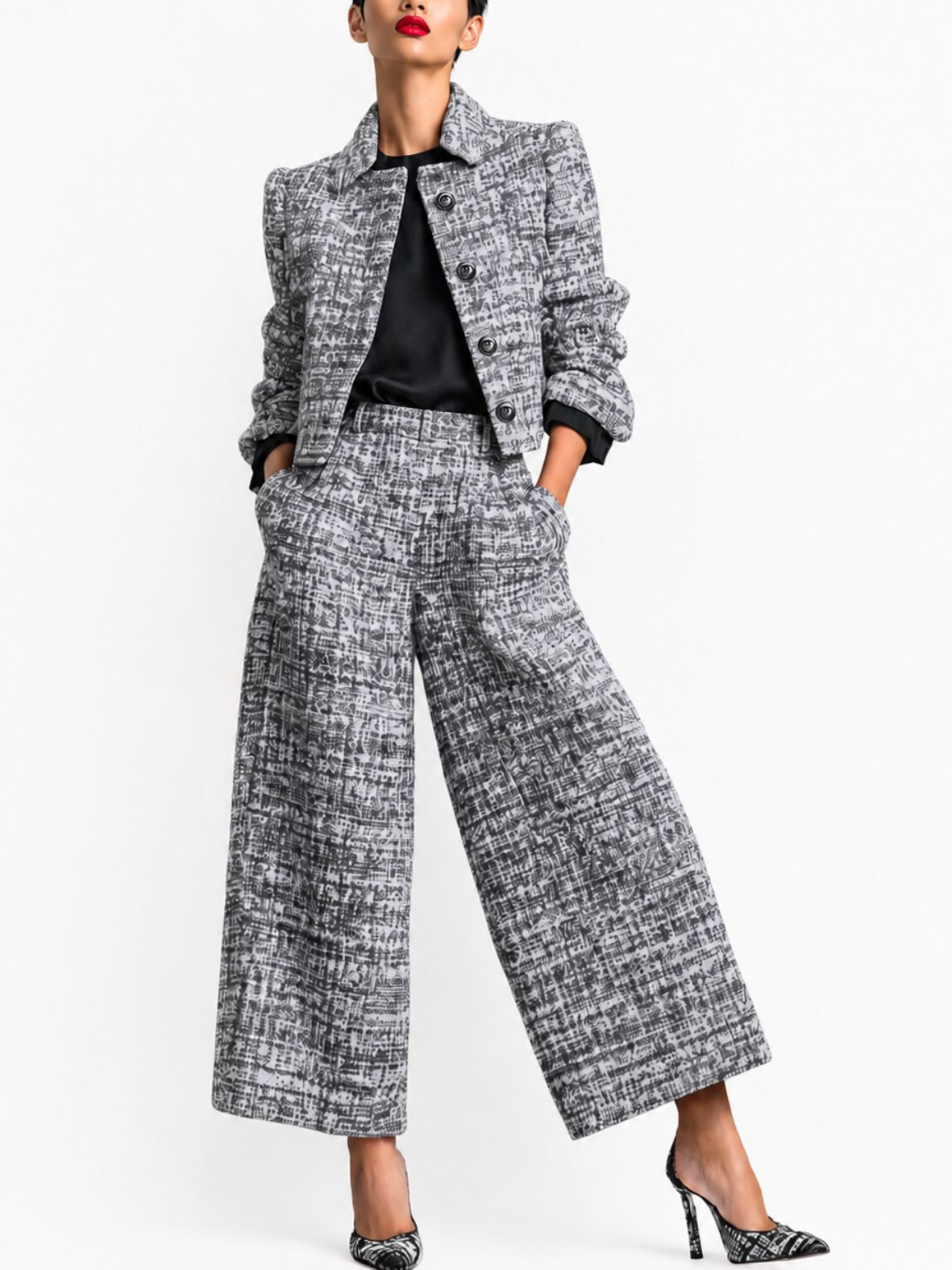 Dames Tweedstructuur Blazerset met Cropped Blazer en Wijde Broek