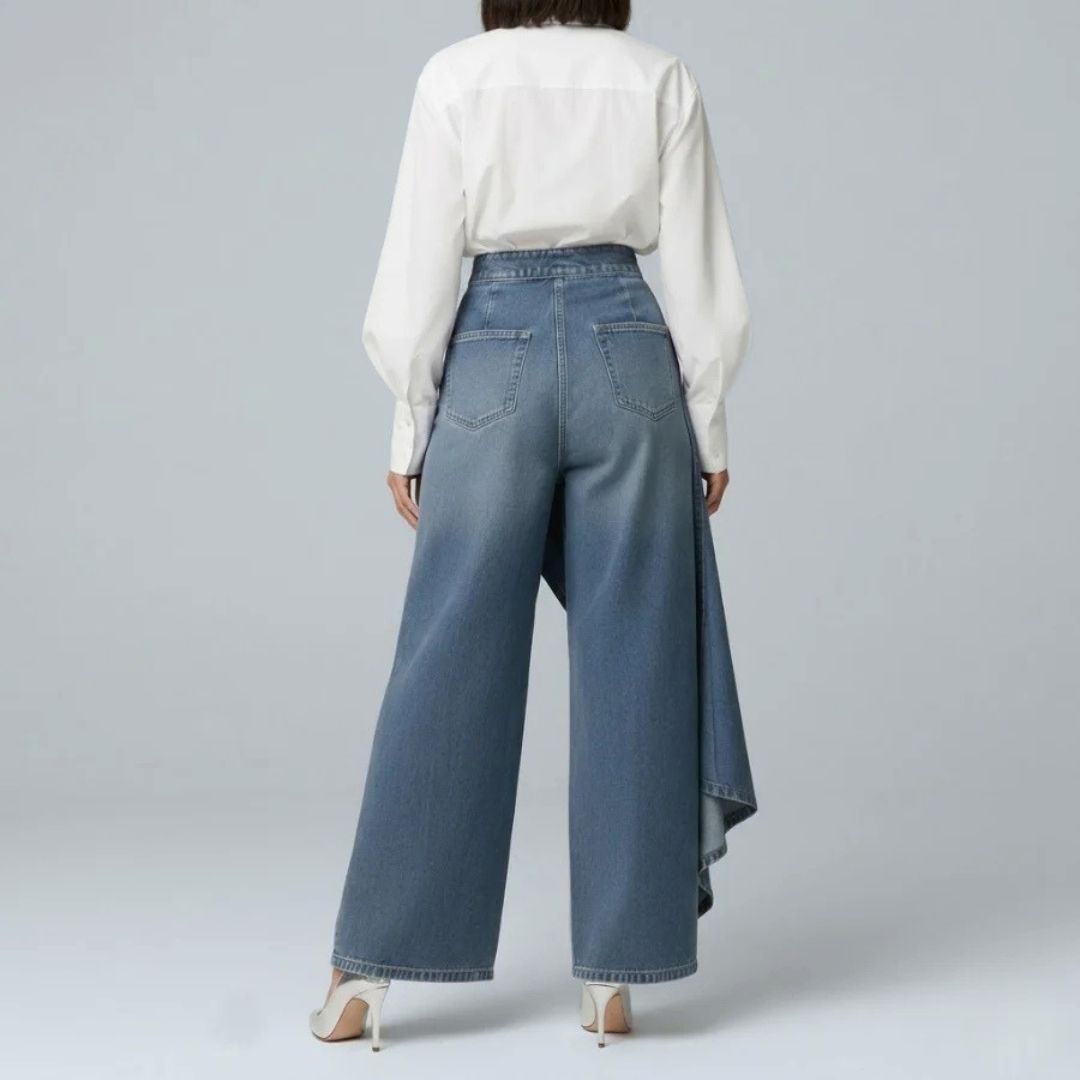 Dames Wijde Jeans met Asymmetrisch Detail en Knoopsluiting
