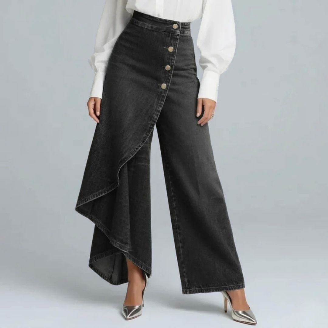 Dames Wijde Jeans met Asymmetrisch Detail en Knoopsluiting