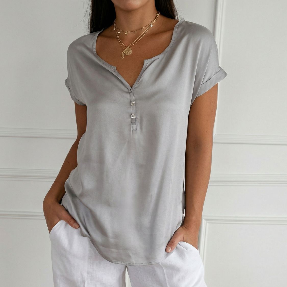 Dames Zomer Blouse met Korte Mouwen en Knoopsluiting