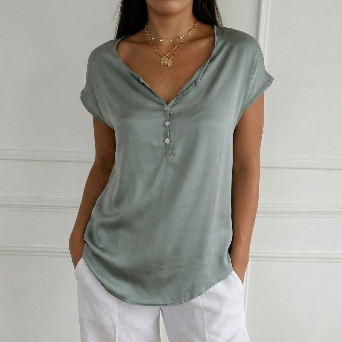 Dames Zomer Blouse met Korte Mouwen en Knoopsluiting