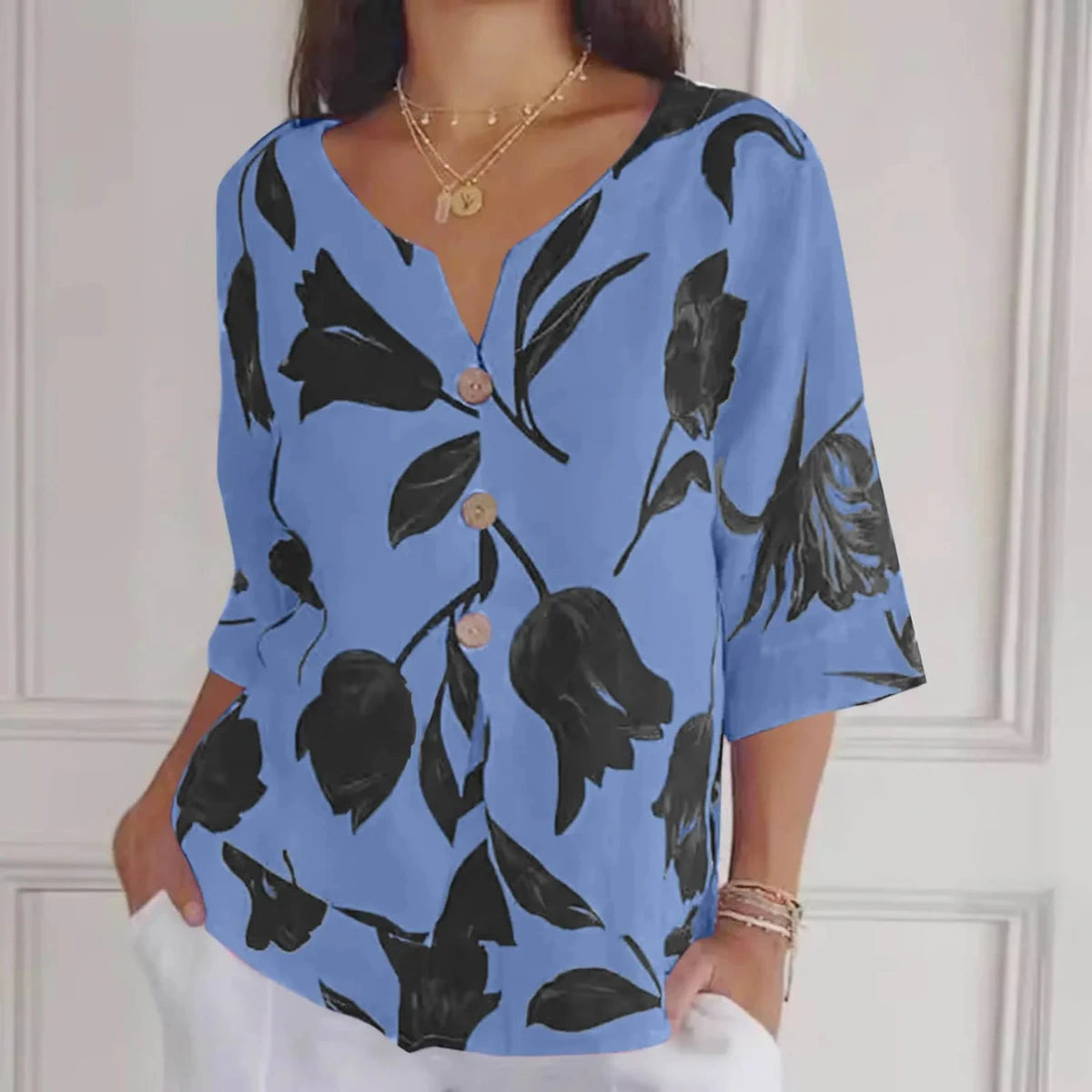 Dames Zomerblouse met Bloemenprint en Driekwart Mouwen