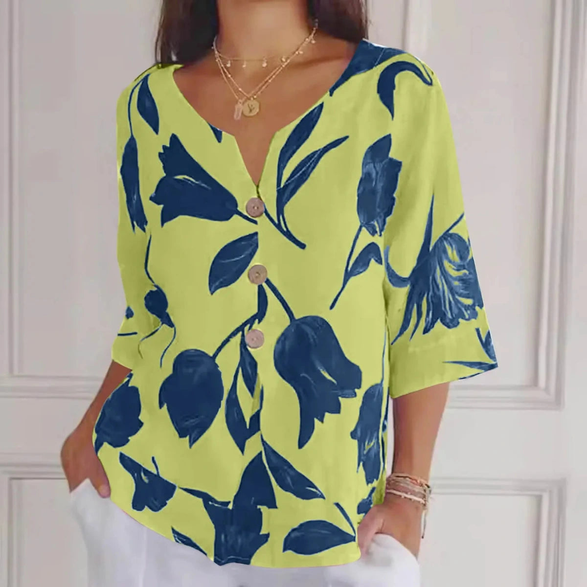 Dames Zomerblouse met Bloemenprint en Driekwart Mouwen
