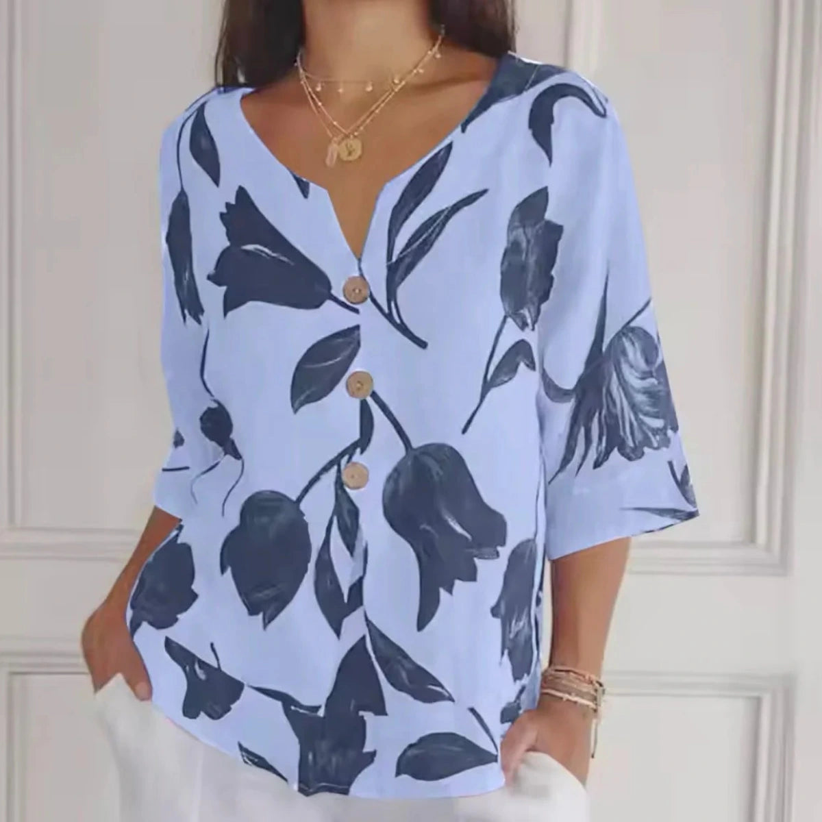 Dames Zomerblouse met Bloemenprint en Driekwart Mouwen