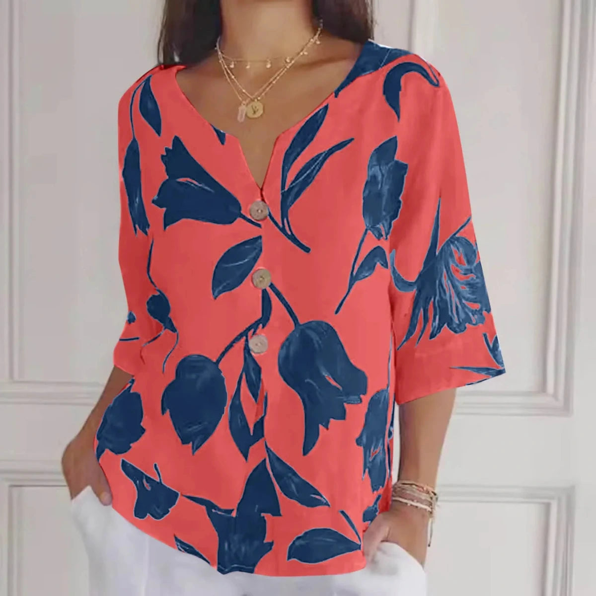 Dames Zomerblouse met Bloemenprint en Driekwart Mouwen