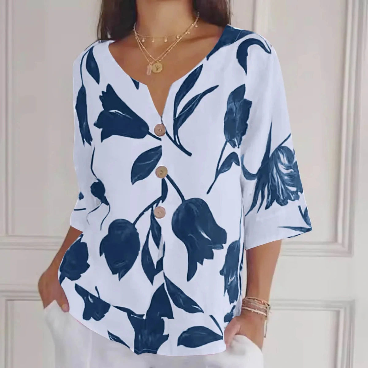Dames Zomerblouse met Bloemenprint en Driekwart Mouwen