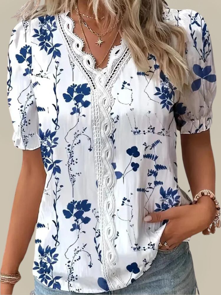 Dames Zomerblouse met Bloemenprint en Kanten Detail
