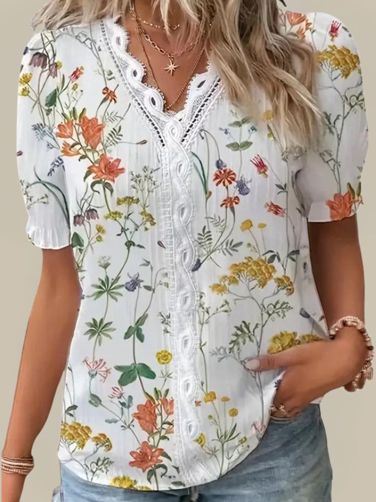 Dames Zomerblouse met Bloemenprint en Kanten Detail