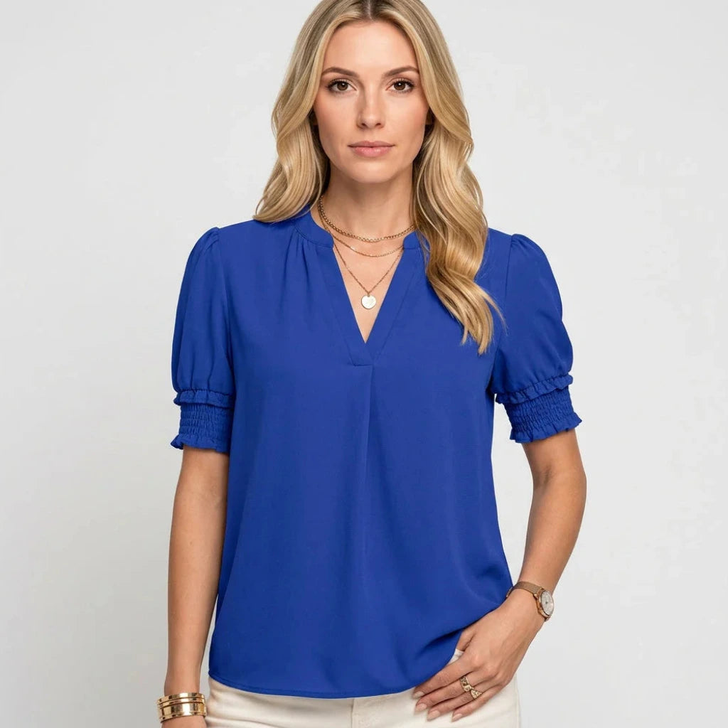 Dames Zomerblouse met V-hals en Korte Pofmouwen