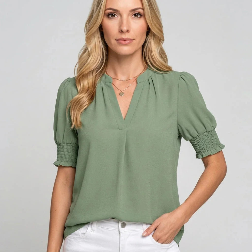 Dames Zomerblouse met V-hals en Korte Pofmouwen