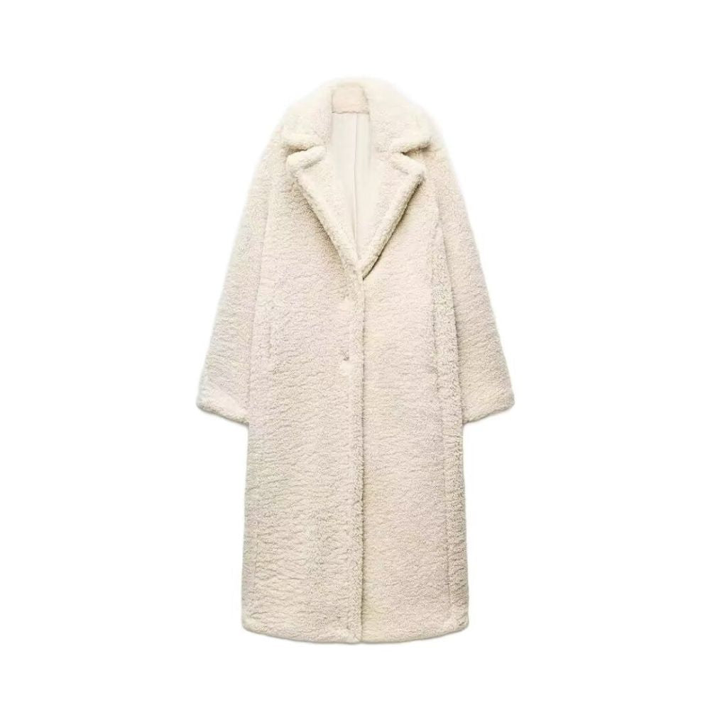 Dames lange teddy jas met reverskraag en knoopsluiting