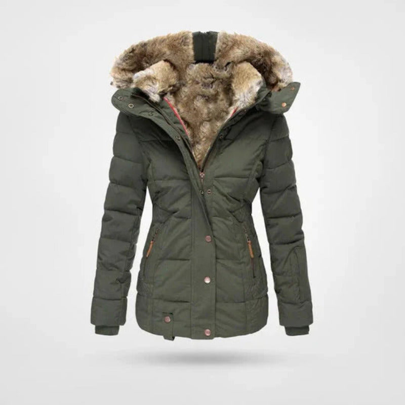 Dames winterjas met capuchon en imitatiebontvoering