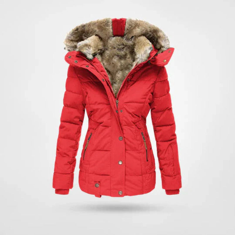 Dames winterjas met capuchon en imitatiebontvoering