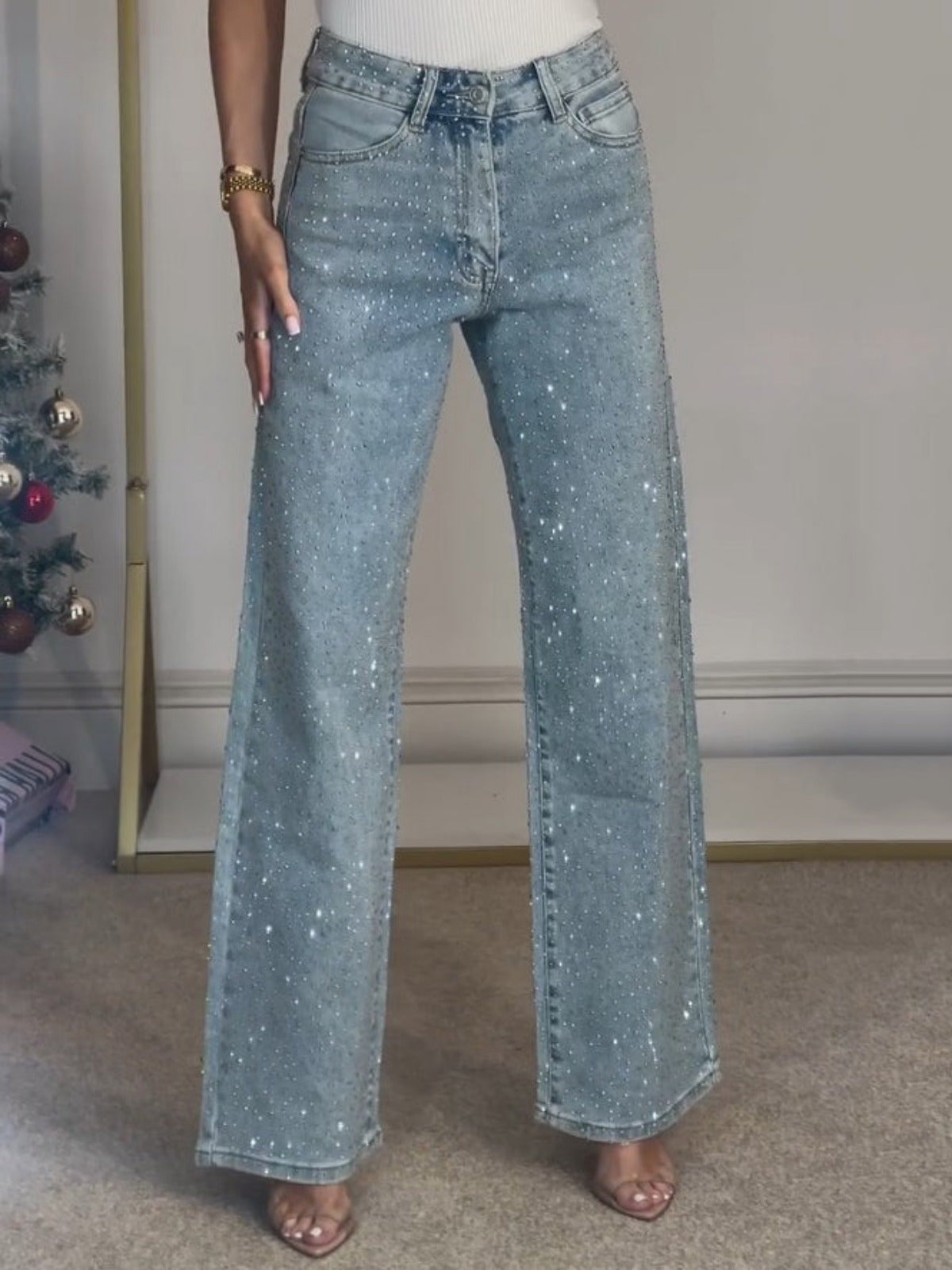 Damesjeans met Hoge Taille en Wijde Pijpen met Glanzende Afwerking
