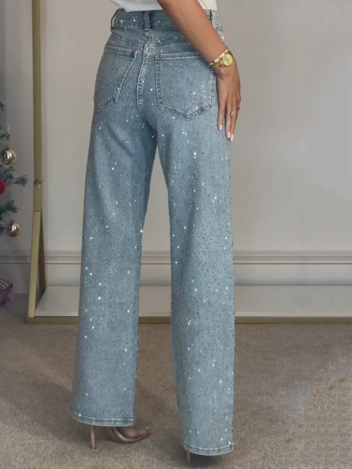 Damesjeans met Hoge Taille en Wijde Pijpen met Glanzende Afwerking